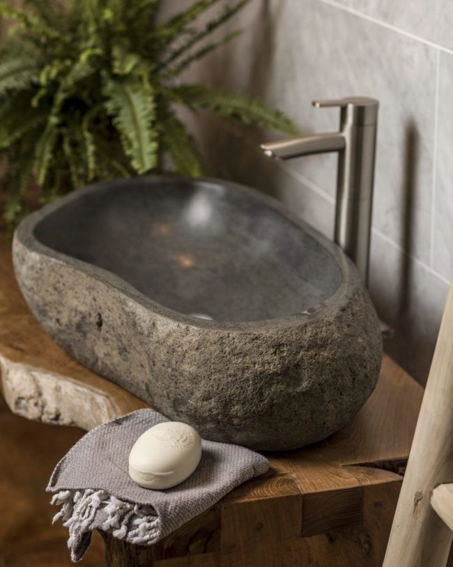 Lavabo de Bacha de baño Piedra Volcánica Soporte Rústico hasta 60 cm (Jawa) - Imagen 5